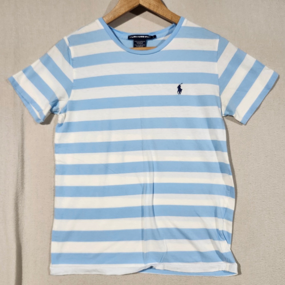 Ralph Lauren Sport Womens Striped T-Shirt Light Blue White Cotton Logo Large